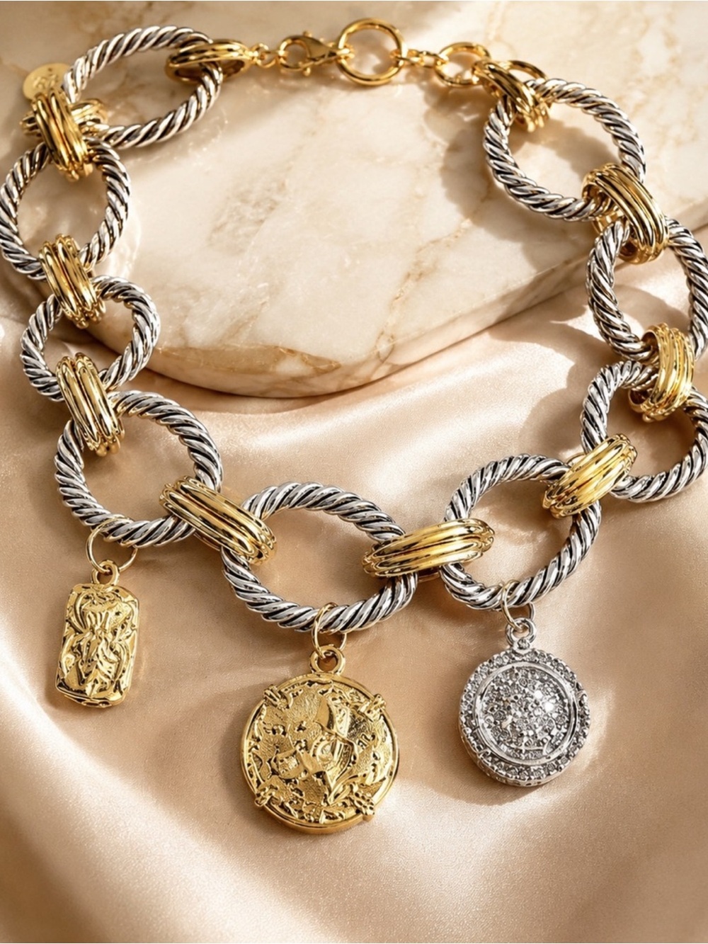 Two Tone Chunky Chain Charm Necklace Gold Silver Coin Statement Jewelry